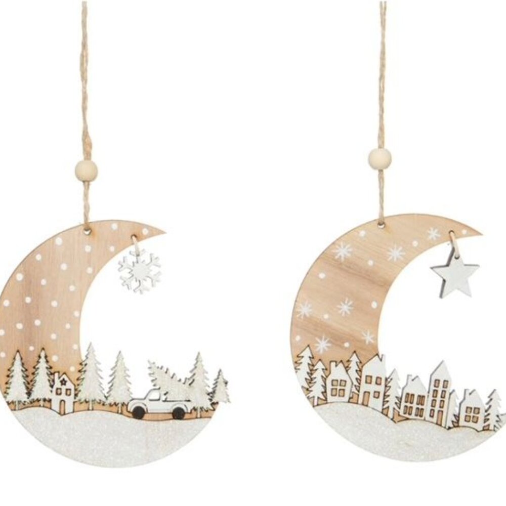 Set of 2 Wooden Crescent Moon Christmas Ornaments With Winter Scene Decoration